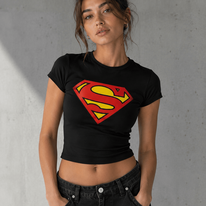 Superhero Logo Black Baby Tee for Women | Slim Fit Graphic Crop Top | physical by Acid House™ (formerly Zyra Drip)
