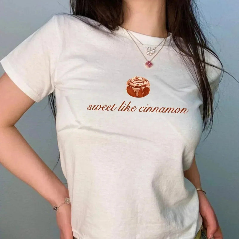Sweet Like Cinnamon Baby Tee – White Aesthetic Crop Top for Gen Z Girls | physical by Acid House™ (formerly Zyra Drip)