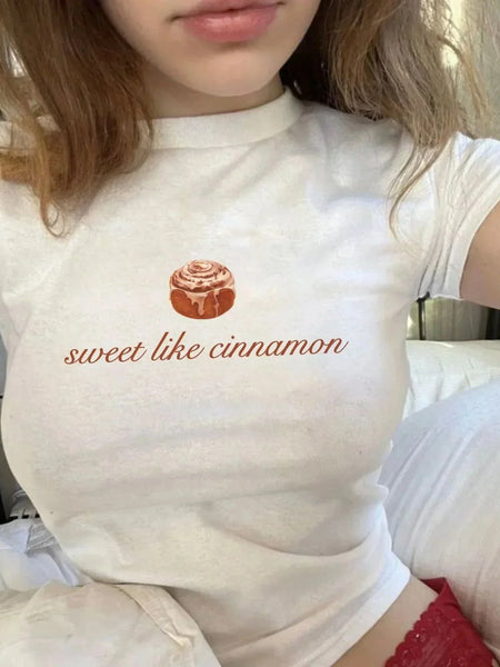 Sweet Like Cinnamon Baby Tee – White Aesthetic Crop Top for Gen Z Girls | physical by Acid House™ (formerly Zyra Drip)