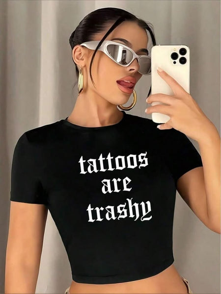 Tattoos Are Trashy Black Baby Tee for Women | physical by Acid House™ (formerly Zyra Drip)