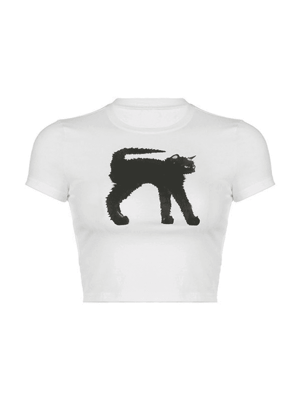 Trendy Black Cat Baby Tee White Crop Top for Gen Z Girls | physical by Acid House™ (formerly Zyra Drip)