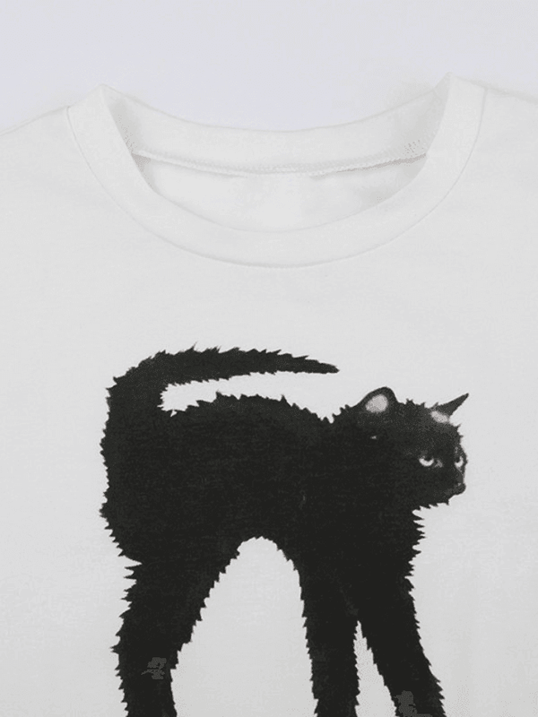 Trendy Black Cat Baby Tee White Crop Top for Gen Z Girls | physical by Acid House™ (formerly Zyra Drip)