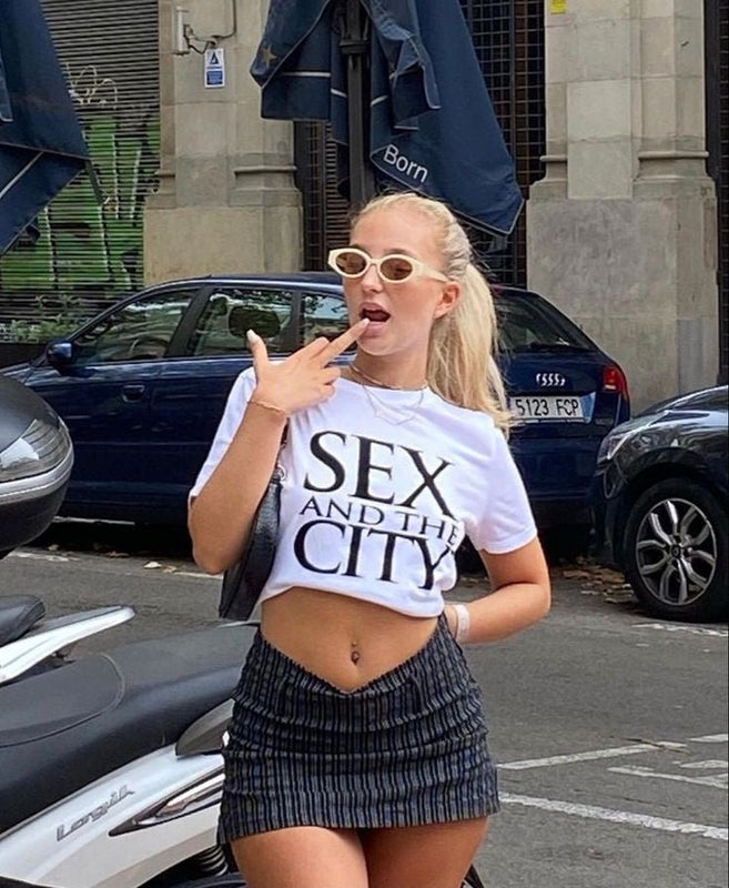 Trendy Sex and the City Crop Top White Graphic Baby Tee | Stylish Tee for Gen Z Fans | physical by Acid House™ (formerly Zyra Drip)