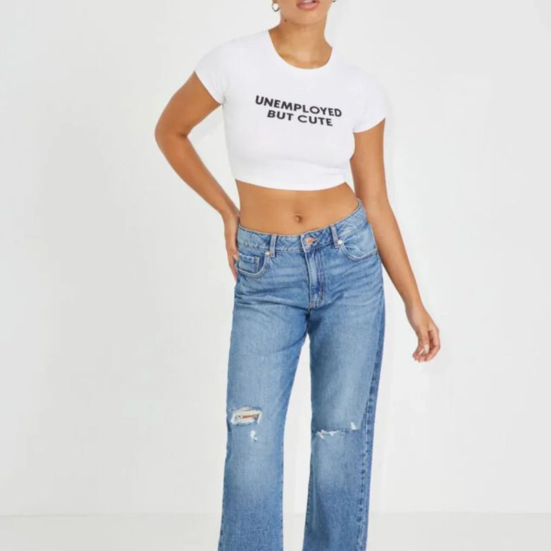 Trendy “Unemployed But Cute” Baby Crop Top – Color White | physical by Acid House™ (formerly Zyra Drip)