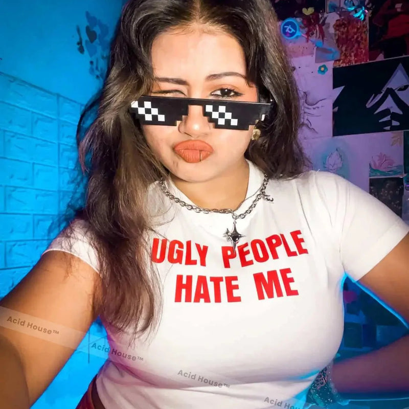 Ugly People Hate Me Baby Tee – White Crop Top | physical by Acid House™ (formerly Zyra Drip)