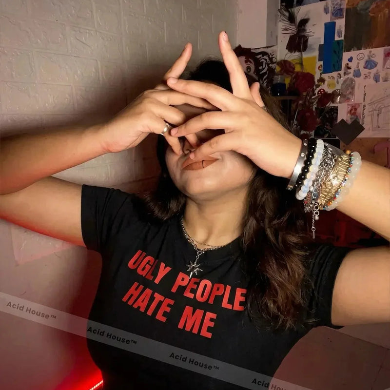 Ugly People Hate Me Baby Tee – White Crop Top | physical by Acid House™ (formerly Zyra Drip)