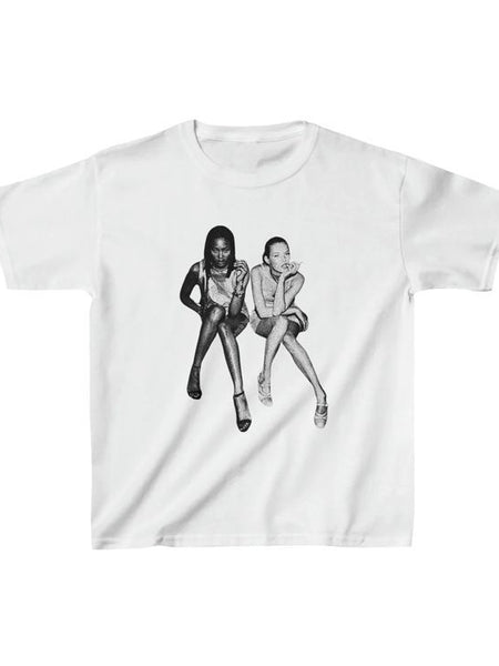 White Baby Tee with Retro Model Graphic – Cropped Streetwear Top | White | physical by Acid House™ (formerly Zyra Drip)