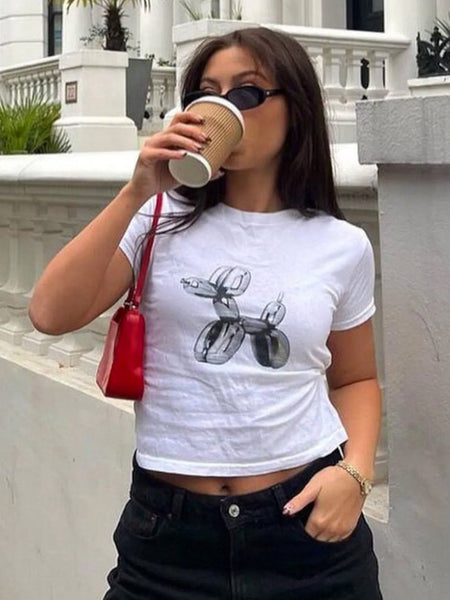 White Balloon Dog Baby Tee – Trendy Women’s Crop Top | physical by Acid House™ (formerly Zyra Drip)