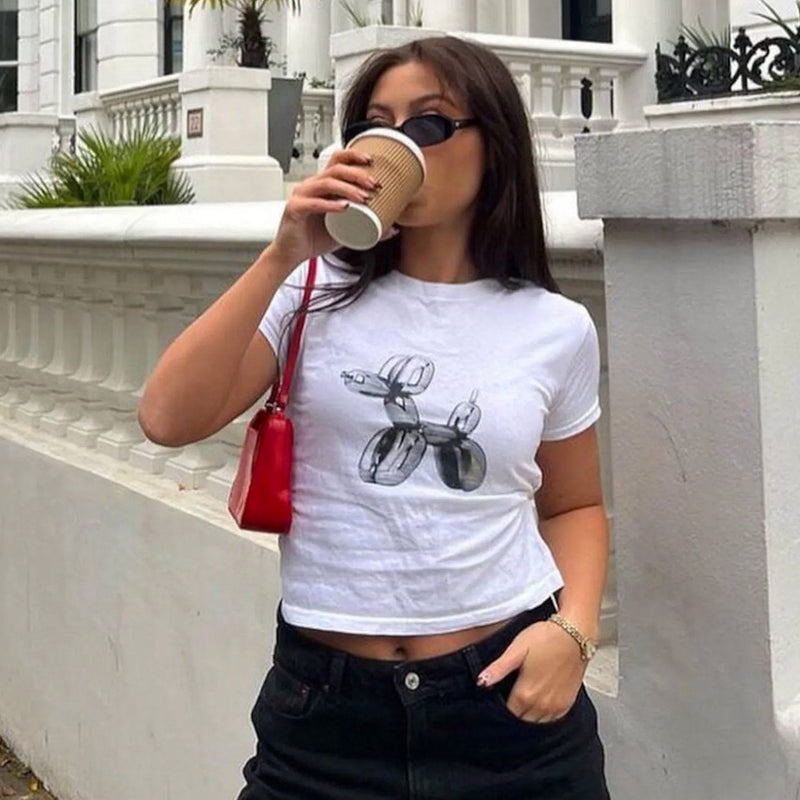 White Balloon Dog Baby Tee – Trendy Women’s Crop Top | physical by Acid House™ (formerly Zyra Drip)