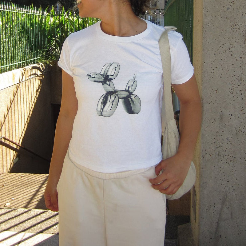 White Balloon Dog Baby Tee – Trendy Women’s Crop Top | physical by Acid House™ (formerly Zyra Drip)