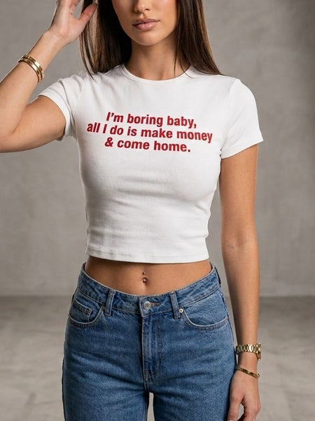 White “I’m Boring Baby” Graphic Baby Tee for Women – Fitted Cotton Crop T-Shirt | physical by Acid House™ (formerly Zyra Drip)