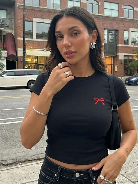 Women’s Black Baby Tee with Red Bow Graphic | Fitted Crop Top | physical by Acid House™ (formerly Zyra Drip)