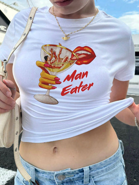Women’s “Man Eater” Graphic Baby Tee – Y2K Aesthetic Fitted White Crop Top | physical by Acid House™ (formerly Zyra Drip)