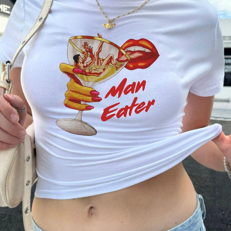 Women’s “Man Eater” Graphic Baby Tee – Y2K Aesthetic Fitted White Crop Top | physical by Acid House™ (formerly Zyra Drip)