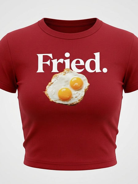 Women’s Red “Fried.” Baby Tee – Slim Fit Ribbed Crop Top with Egg Graphic | physical by Acid House™ (formerly Zyra Drip)