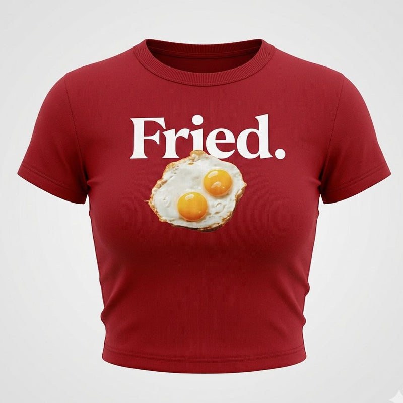Women’s Red “Fried.” Baby Tee – Slim Fit Ribbed Crop Top with Egg Graphic | physical by Acid House™ (formerly Zyra Drip)