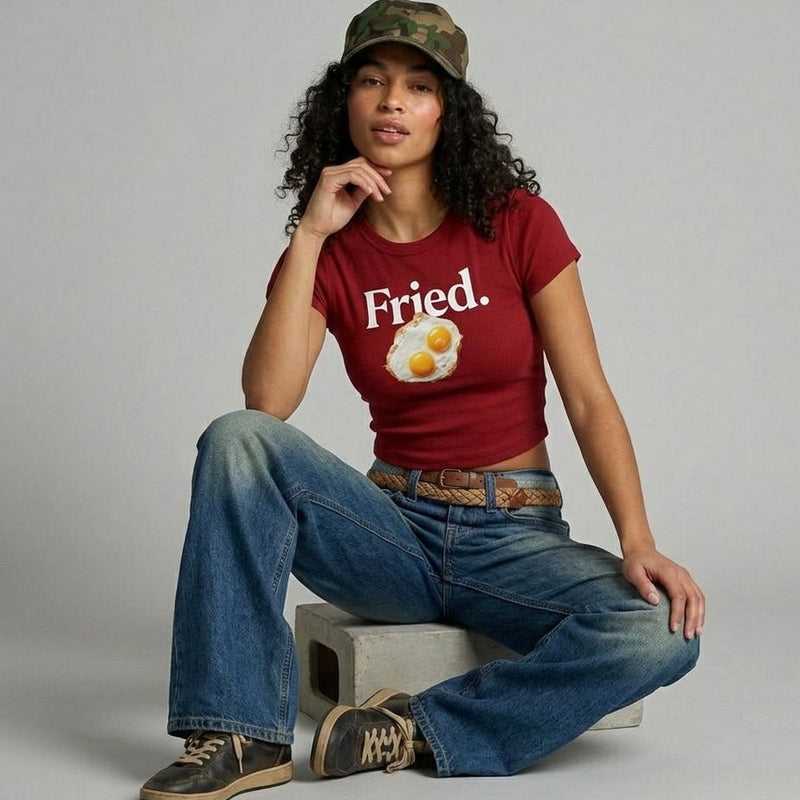 Women’s Red “Fried.” Baby Tee – Slim Fit Ribbed Crop Top with Egg Graphic | physical by Acid House™ (formerly Zyra Drip)