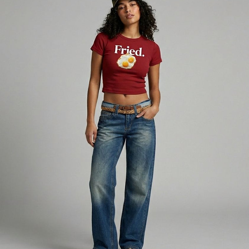 Women’s Red “Fried.” Baby Tee – Slim Fit Ribbed Crop Top with Egg Graphic | physical by Acid House™ (formerly Zyra Drip)