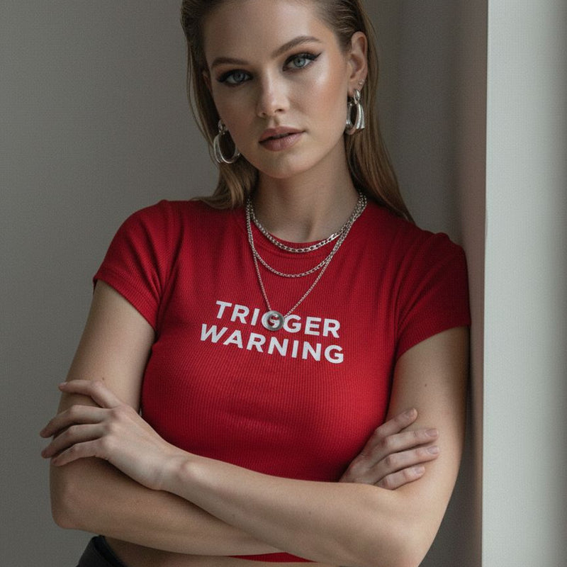 Women’s Red “Trigger Warning” Baby Tee – Slim Fit Ribbed Crop Top | physical by Acid House™ (formerly Zyra Drip)