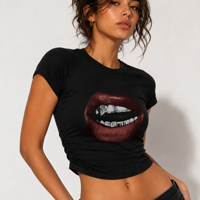 Bite Me Graphic Baby Tee for Women – Y2K Black Fitted Crop Top