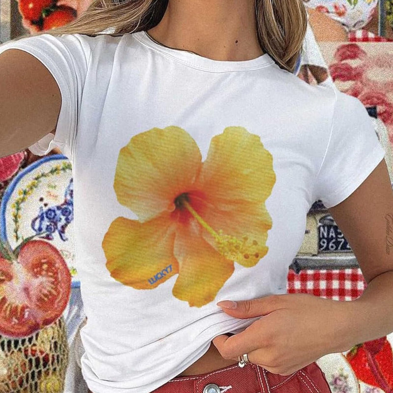 Yellow Hibiscus Graphic Baby Tee – Trendy Floral Crop Top Color white | physical by Acid House™ (formerly Zyra Drip)