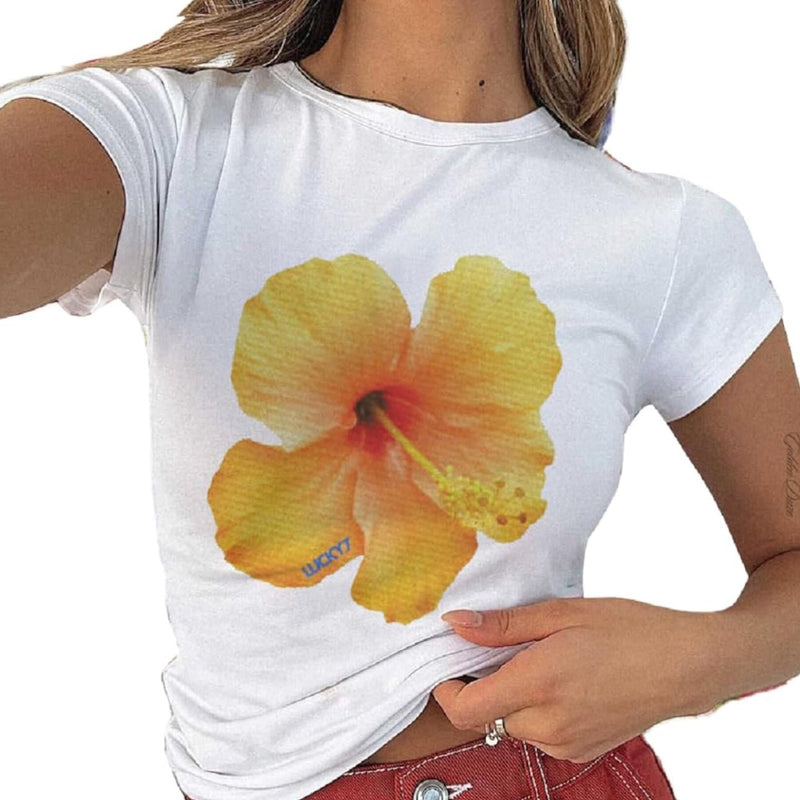Yellow Hibiscus Graphic Baby Tee – Trendy Floral Crop Top Color white | physical by Acid House™ (formerly Zyra Drip)