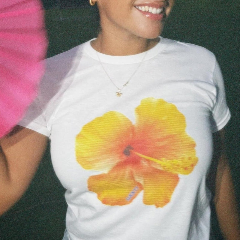 Yellow Hibiscus Graphic Baby Tee – Trendy Floral Crop Top Color white | physical by Acid House™ (formerly Zyra Drip)